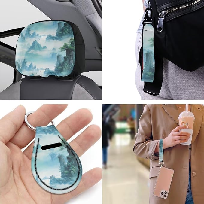 Turquoise Landscape Painting 13 PCS Car Seat Covers Full Set Retro Mountain Range Print Car Front Back Seat Cover Steering Wheel Cover Fit Auto SUV Trucks