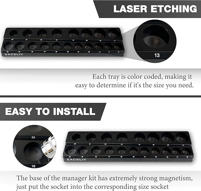EACELIY 3Pcs 1/2", 1/4" and 3/8" Magnetic Socket Organizer Set,Metric Socket Holder Kit, Socket Trays，holds 75 Deep and Shallow 3/8" Sockets(sockets not included)