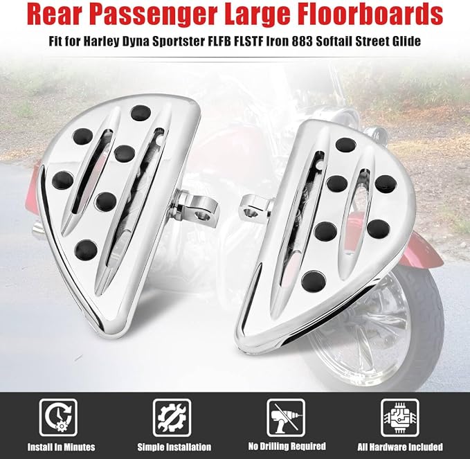Goldfire Motorcycle Foot Pegs Front & Rear Footpegs CNC Cut Foot Rests Compatibility For Dyna Sportster FLFB FLSTF Iron 883 Softail Street Glide(Black Passenger Floorboards), Chrome