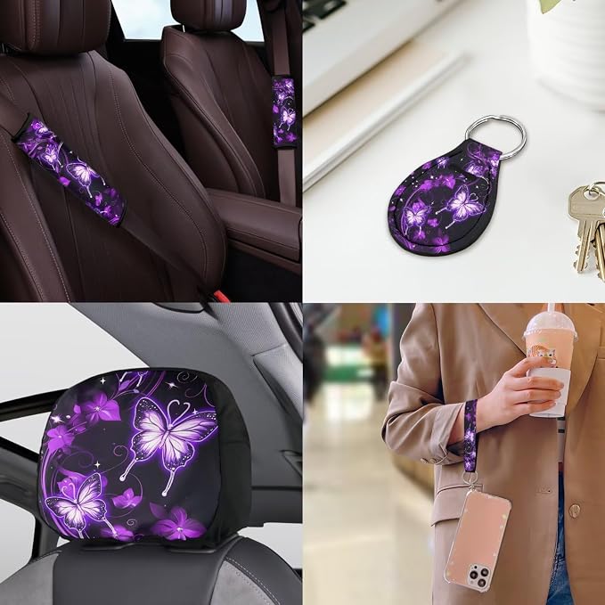 Purple Butterfly Car Seat Covers Full Sets of 18 Pieces Butterfly Car Interior Accessories Set with Soft Car Seat Belt Pads Cover Car Headrest Covers Steering Wheel Wrap,Universal Fit