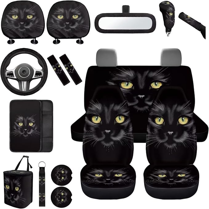 17Pcs Black Cat Car Seat Covers Full Set with Front and Split Rear Bench,Cool Cat Car Interior Accessories of 17 Pcs with Headrest Covers,Vehicle Trash Bag for Women Universal Fit Most Car