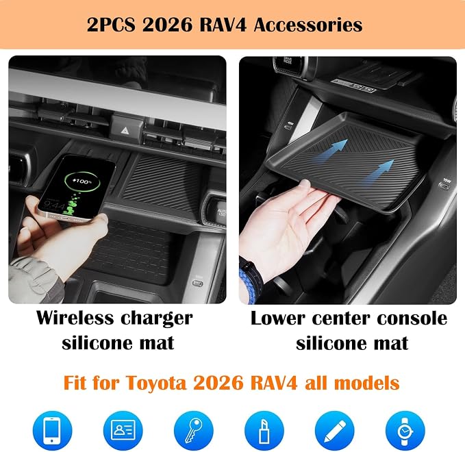 2Pcs 2026 RAV 4 Center Console Organizer Tray &Wireless Charging Anti-Slip Compatible with Toyota 2026 RAV 4 XSE GR Sport Hybrid Limited XLE Woodland 2026 RAV4 Interior Accessories Silicone