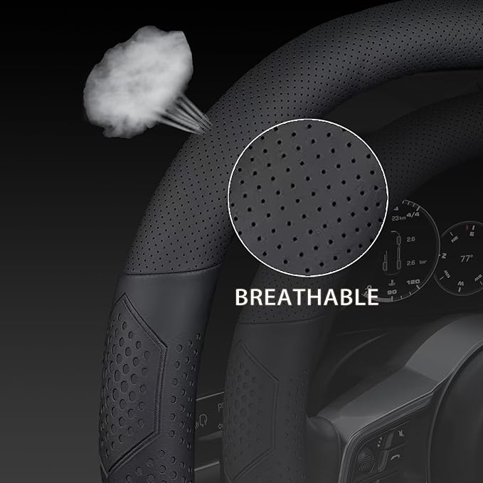Yangday Leather Steering Wheel Cover for Jeep Wrangler Grand Cherokee Compass, 14.5-15 inches Car Steering Wheel Cover with Non-Slip Breathable (Black)