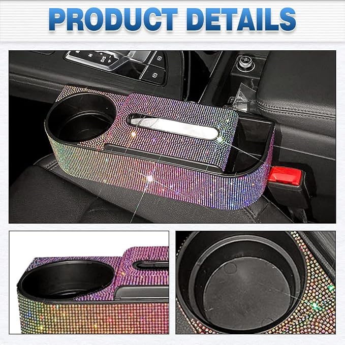 Auto Gap Filler Multifunctional Car Seat Organizer, Multi-Function Tissue Storage Box w/Cup Holder, Auto Console Side Storage Box, Multicolor Rhinestone - Multicolor