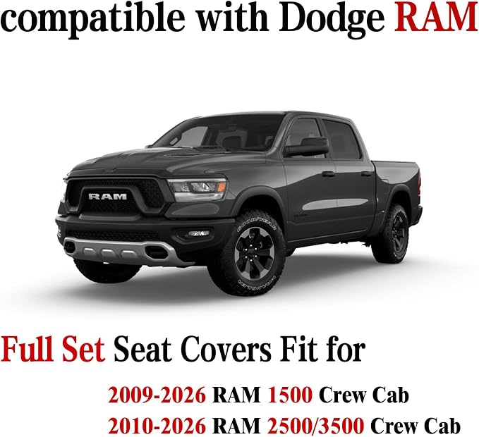 YIERTAI for Dodge RAM Seat Covers fit 2009-2025 2026 1500HD 2010-2025 2026 2500/3500HD Crew Double Quad Rebel Cab Laramie Big Long Horn Rebel Tradesman Leather Seat Covers(5 PCS Full Set/Black-Blue)