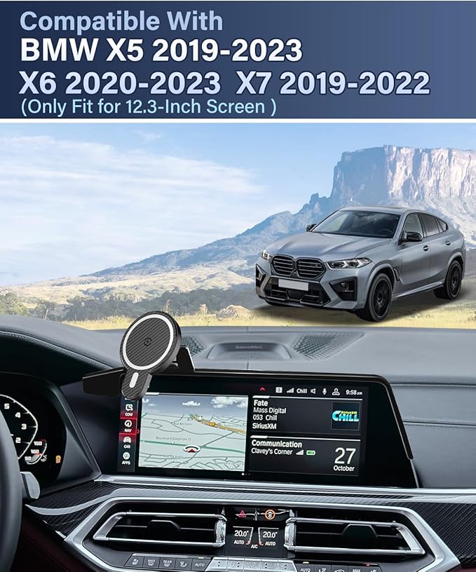 PZK Car Phone Mount Fit for BMW X5 2019-2023/X6 2020-2023/X7 2019-2022 Accessories 12.3-Inch Screen Fixed Clip, Car Phone Holder Magnetic 15W Fast Wireless Charging, 360° Rotation Automobile Cradles