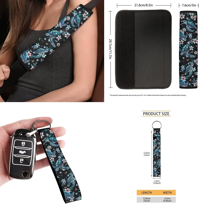 Plumeria Sea Turtle Auto Interior Accessories Car Seat Covers with Auto Steering Wheel Cover Seat Belt Covers Car Trash Can View Mirror Cover Coaster Keychains