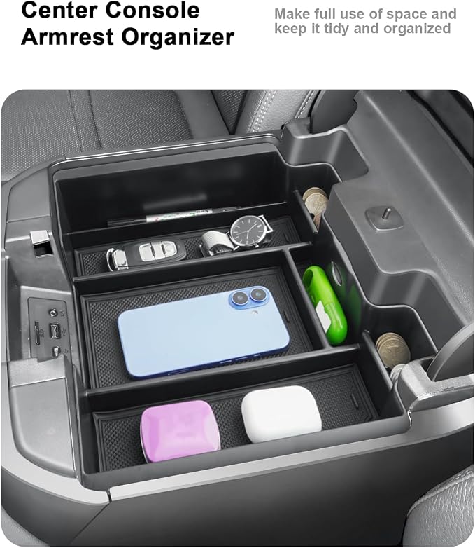 Center Console Organizer Set For 2019-2022 Chevy Silverado 1500/GMC Sierra 1500 & 2020-2023 Silverado/Sierra 2500HD/3500HD Accessories - 2 Pcs Storage Tray Only Fit Full Console w/Bucket Seats(Black)