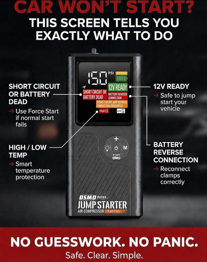 Jump Starter with Air Compressor, Portable Car Battery Booster for Dead Batteries, 150 PSI Tire Inflator – Starts Up to 6.5L Gas / 3.5L Diesel Engines, Power Bank, LED Display – DSMDAutos
