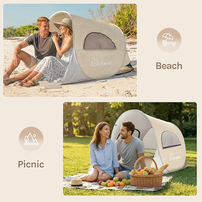 Wolfwise Pop up Beach Tent Sun Shelter with UPF50+ UV Protection, Instant Easy Setup Popup Beach Shade Canopy for 2 Person, Portable & Foldable with Carring Bag, 79 ×49×38 in, Beige