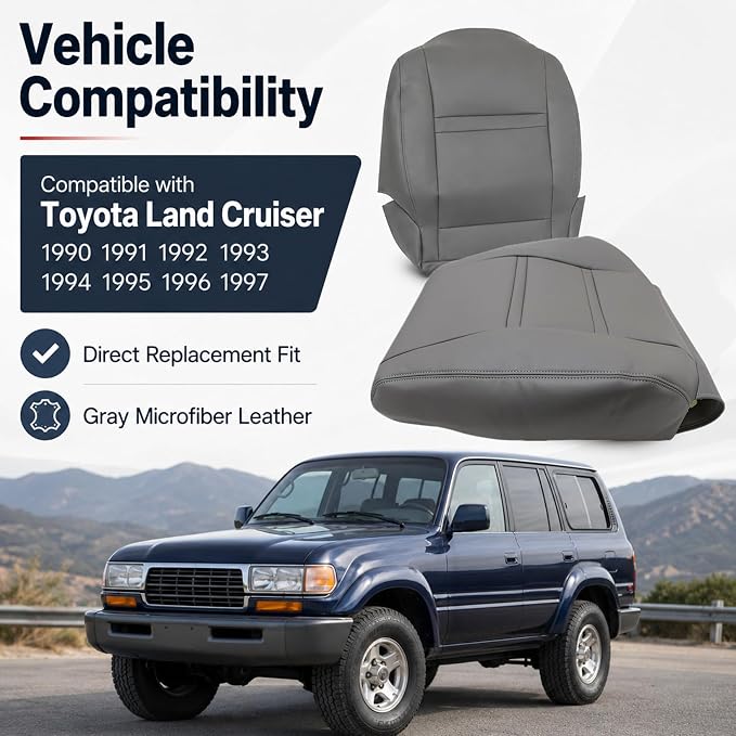 NLQR Driver and Passenger Side Bottom and Top Back Replacement Seat Covers Gray Compatible with Toyota Land Cruiser 1990 1991 1992 1993 1994 1995 1996 1997