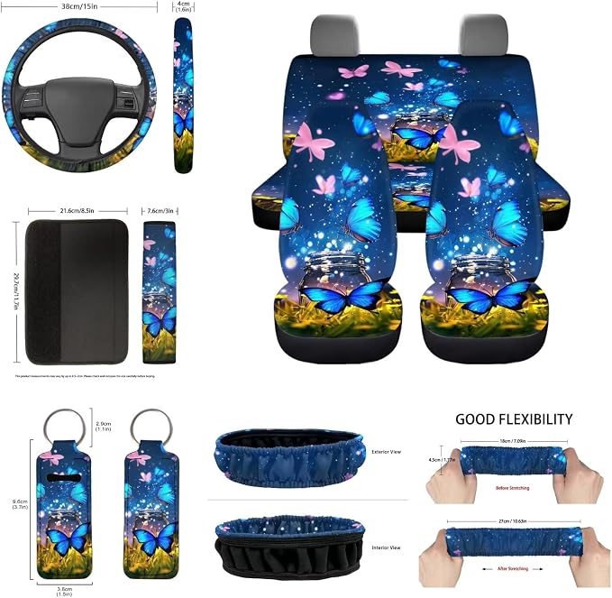 Blue Butterfly Car Seat Covers Sets 14pcs,Flower Butterfly Car Mirror Covers+Coaster+Butterfly Keychain+Gear Shift Knob Handbreak Cover+Seatbelt Pads for Women Vehicle Decor