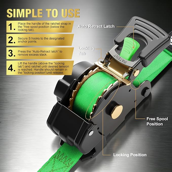 Retractable Ratchet Straps (4-Pack) - 1 Inch x 10 Feet (1,764lb Break Strength) - Auto Self Retracting Tie Down Straps Heavy Duty for Motorcycle, ATV, UTV, Truck, Cargo Trailer – Green