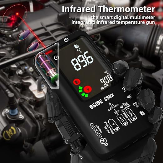 BSIDE Smart Digital Multimeter Infrared Thermometer Rechargeable 9999 Counts Voltmeter, D:S=12:1, Measure High/Low Voltage Diode, Capacitance Amp Tester for HVAC LED Electronic Automotive Electrician