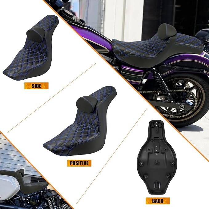 Motorcycles Driver Passenger Seat Cushion Pad One-Piece Seat Leather Pillion with Driver Backrest Fit for Harley Softail Low Rider FXLR FXLRS Sport Glide FLSB 2018-Up (Blue Stitching)