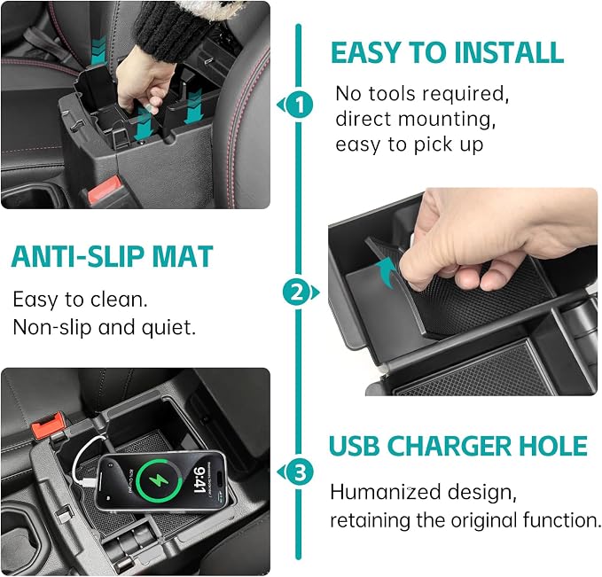 Center Console Organizer Compatible with 2018-2026 Jeep Wangler JL JLU 4xe Rubicon Sahara & 2020-2026 Gladiator JT Accessories, Armrest Storage Box Tray Fit for Jeep Interior Accessories