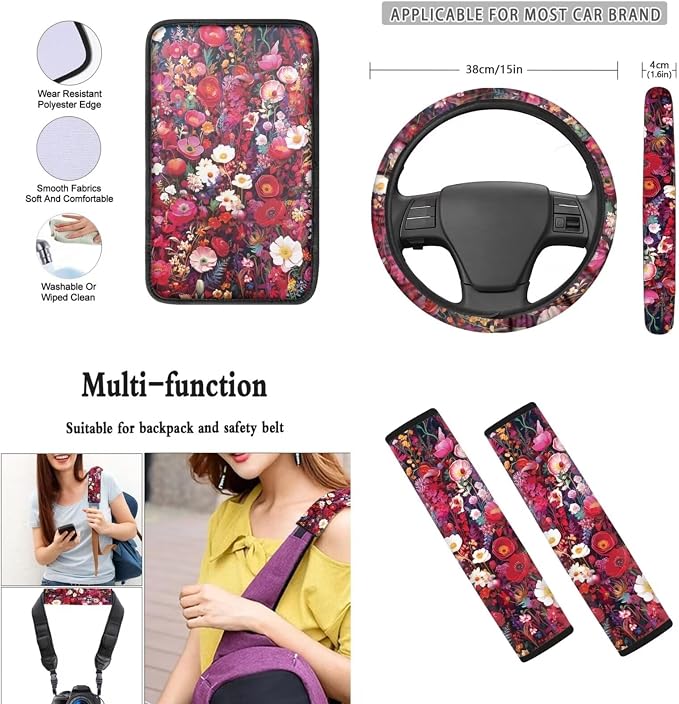 Mumeson Pink Flowers Car Seat Cover Set with Soft Neoprene Steering Wheel Cover + Soft Car Seatbelt Cushion Pad Car Armrest Cushion Cover Pad Car Accessories Decor