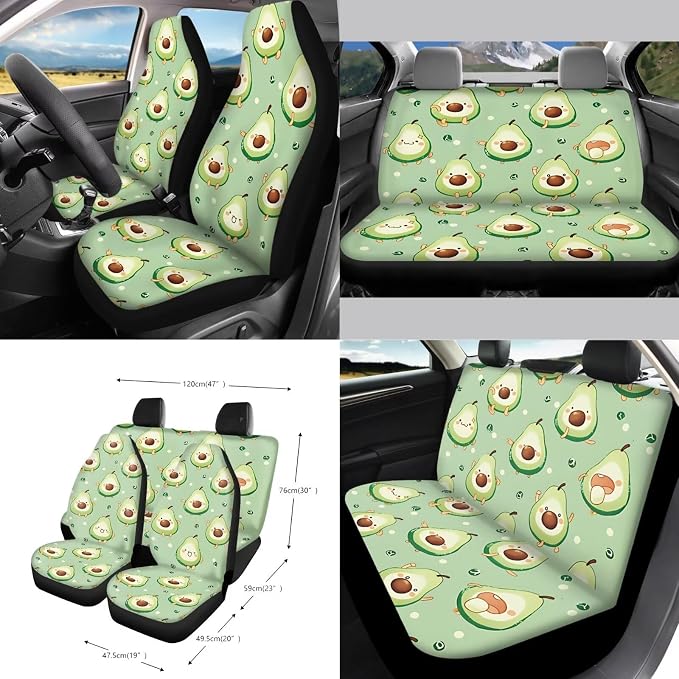 Avocado Print 15Pcs Car Interior Cover Set Includes Car Seat Covers Front and Back Full Set Steering Wheel Cover Safety Belt Pads Rear View Mirror Protector Cup Mats, Green
