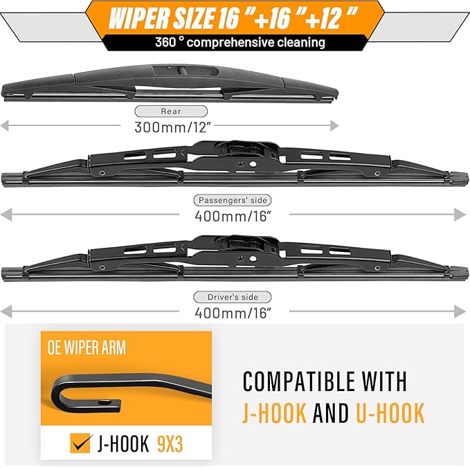 AUTOBOO 16+16+12 Replacement for Jeep Wrangler Windshield Wiper Blades 2018-2021 2022 2023 -Original Factory Quality (Pack of 3)