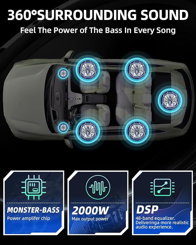 2000W 10 Inch Underseat Car Subwoofer and Amp Package, Slim Powered Under Seat Sub with Built-in Class D Amp and DSP, Blue LED Switch, Low Pass Filter, Bass Boost for Truck SUV