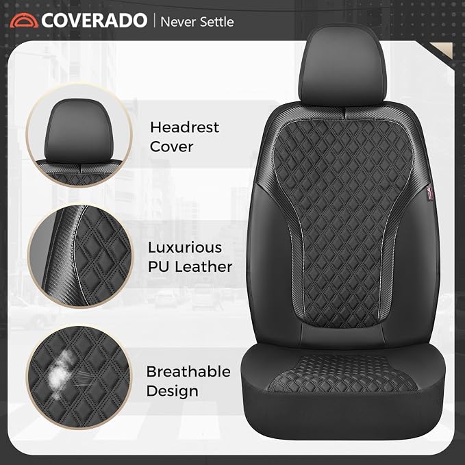 Coverado Front Seat Covers, 2-Pack Luxury Diamond Leather Car Seat Cover with Carbon Fibre Weave, Spill-Proof Driver Car Seat Protectors, Waterproof Seat Covers Universal Fit for Most Cars, Black