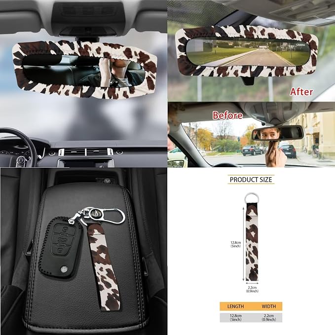 Wanyint Black Brown Cow Print 15 Pieces Car Seat Cover Set with Auto Steering Wheel Cover Seat Belt Strap Protector Cup Holder Trash Bag Air Vent Storage Pocket Rear View Mirror Protector Keychain