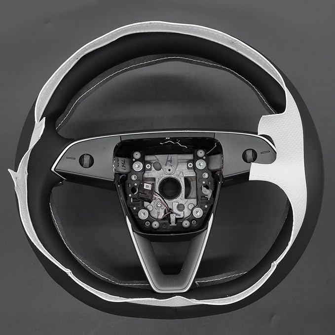 MEWANT Hand Stitch Black White Faux Leather Steering Wheel Cover Wrap for Tesla Model 3 Highland 2025 Model Y Juniper