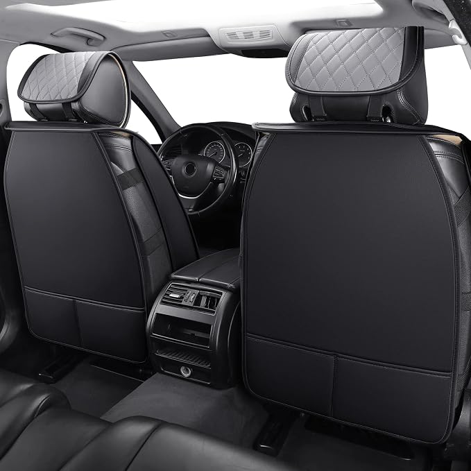Aierxuan Leather Car Seat Covers Universal Fit Toyota Highlander 4Runner Nissan Altima Honda Chevy Impala Colorado Cruze Malibu Ford Cadillac Lexus Waterproof Cushions (Full Set,Black-Grey)