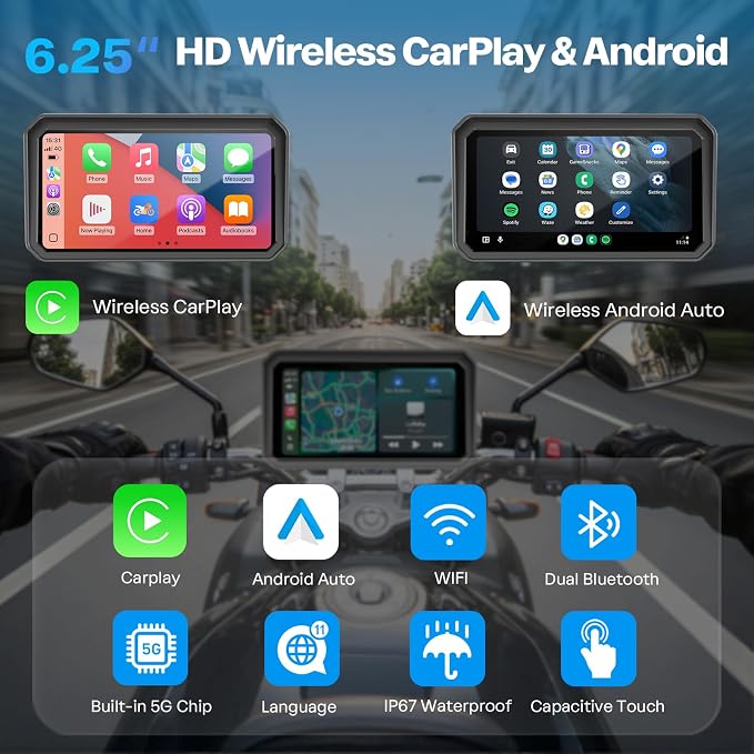 WonVon 6.25 Inch Wireless Motorcycle Carplay GPS Navigation System with Apple Carplay and Android Auto Portable Screen with Dual Bluetooth, Navigation, Siri, Google Assistant with Magnetic Mount