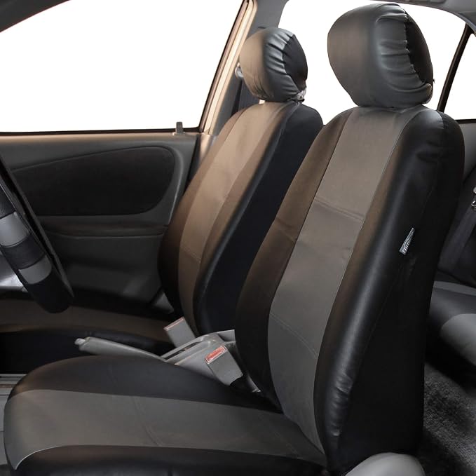 FH Group Automotive Seat Covers PU Leather Full Set Climaproof™ Trimmable Non-Slip Vinyl Floor Mats–Universal Fit for Cars Trucks and SUVs (Gray) PU001114- F11306