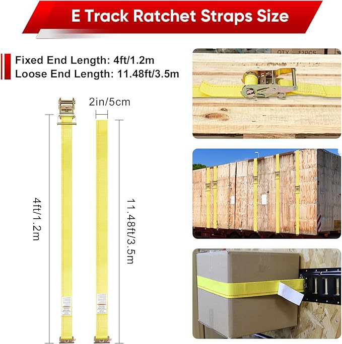 E-Track Ratchet Straps -8 Pack, 4,400 LB Breaking Strength, 2" x 12' Feet Heavy Duty ETrack Straps with 4 Feet Fixed End and Spring E-Fittings Yellow E Track Accessories Cargo Straps