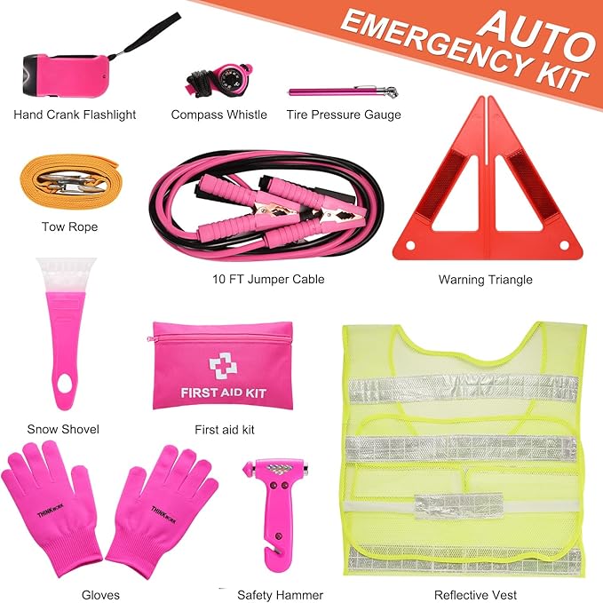 THINKWORK Car Emergency Kit for Teen Girl and Lady's Gifts, Pink Emergency Roadside Assistance kit with 10FT Jumper, First Aid Kit, Safety Hammer, Tow Rope, and More Ideal Pink Car Accessories Tool