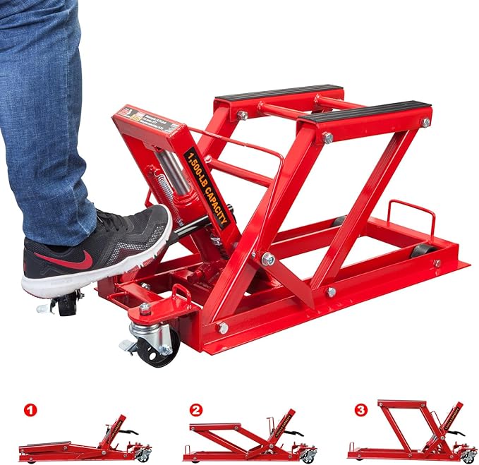 Big RED 1500LBS Hydraulic Motorcycle Lift Jack, Powersports Lift Table Operated ATV Dirt Bike Scissor Jack Stand, Fit for Motorcycle UTV Snowmobile, Red