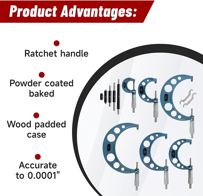 findmall 0-6" Outside Micrometer Set (0-1", 1-2", 2-3", 3-4", 4-5", 5-6"), 0.0001" Accurate Carbide Ratchet Handle Accuracy Machinist Tool Set with Carbide Tip