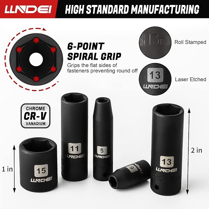 LLNDEI 1/4-Inch Impact Socket Set Metric(4-15mm) Deep and Shallow &1/2 inch Socket Wrench Set