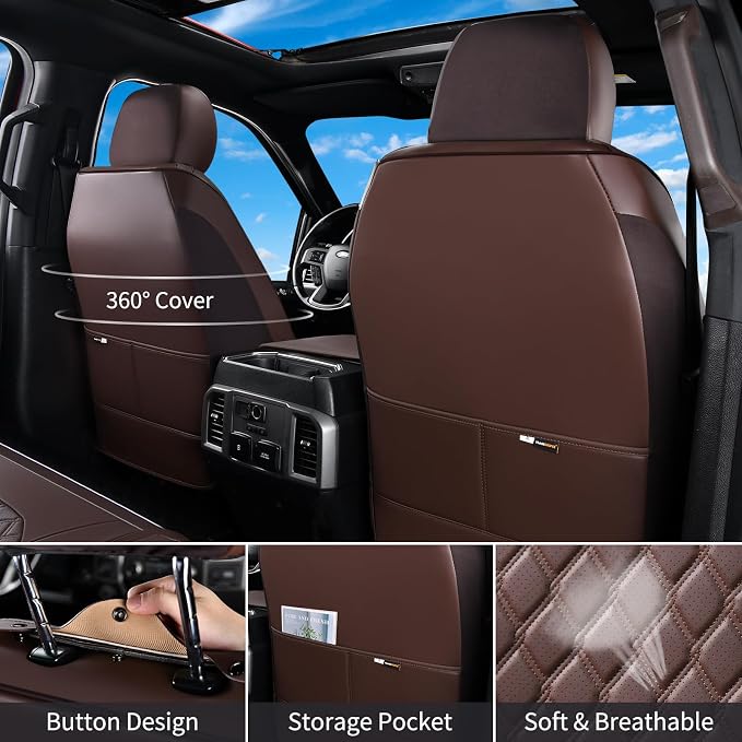 Huidasource Ford F150 F250 Custom Seat Covers, Full-wrap Car Seat Protector Fit for Ford F150 2015-2026&F250 F350 F450 2017-2026 All Cab XL XLT Lariat King Ranch Platinum(Front Pair/Coffee)