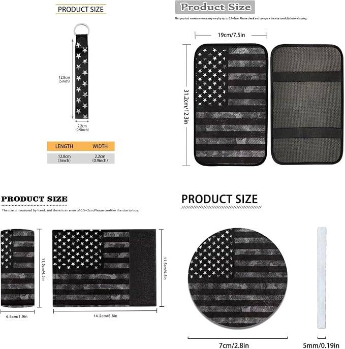 Gray American Flag Car Seat Covers Full Set Floor Mats Steering Wheel Cover Shoulder Pads Armrest Pad Roof Gloves Cup Coaster Keychain Automtovie Interior Accessories Set of 18