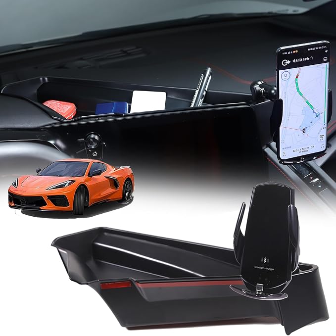 Sekhyna Navigation Screen Back Storage Box Compatible Chevrolet Corvette C8 2020-2025,Dash Organizer Tray,Center Console Phone Insert Auxiliary Storage Tray Interior Accessories (with Phone Mount B)