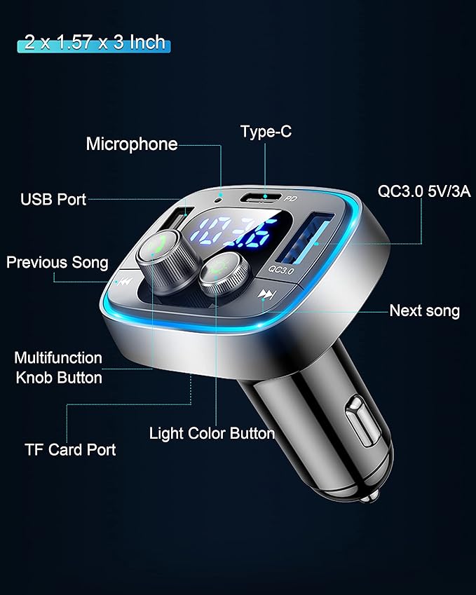 LIHAN USB C Bluetooth 5.4 Car Adapter, Wireless Upgrade Audio System for Non-Bluetooth Vehicles, FM Radio Transmitter, 48W Fast Charging, Stable Hands-Free Calling, MP3 Music Player, Support USB/TF