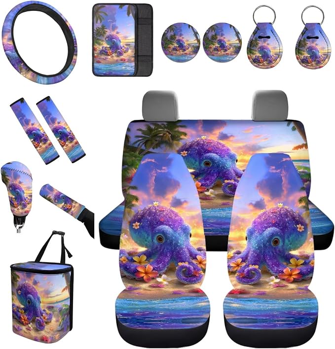 Forchrinse Hawaiian Octopus Car Seat Cover for Men Women 15Pack Auto Interior Set with Steering Wheel Cover/Armrest Cushion/Seatbelt Cover/Car Coaster/Keychain/Handbrake Gear Shift Cover