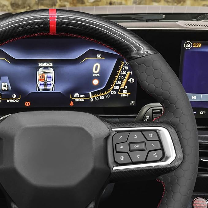 MEWANT Hand Stitch Black Shiny PU Carbon Fiber Embossed Artificial Leather Steering Wheel Cover for Ford Mustang 2024