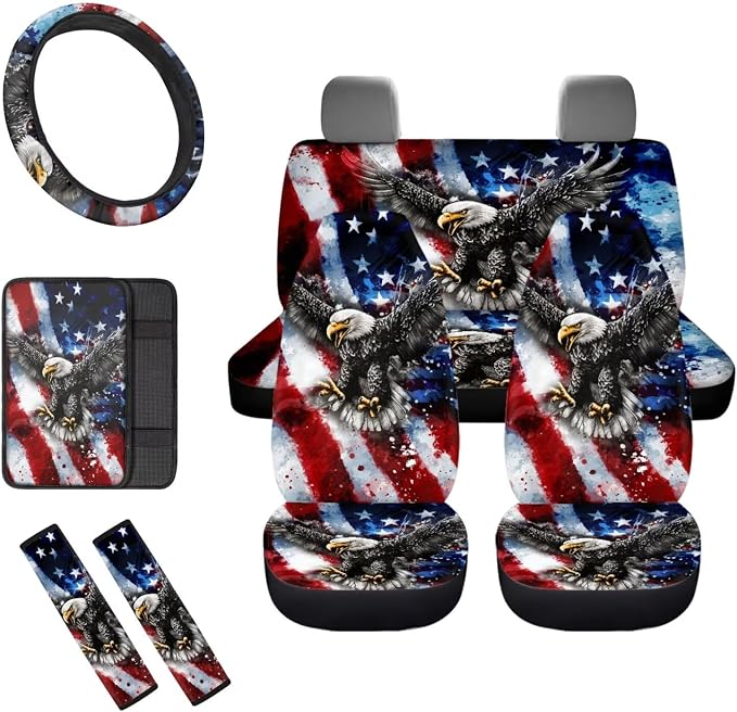 8 Pcs American Flag Eagle Car Seat Covers Full Set Car Accessories for Women Front Seat Cover Steering Wheel Armrest Cover Seat Belt Cover for Auto SUV Interior Decoration