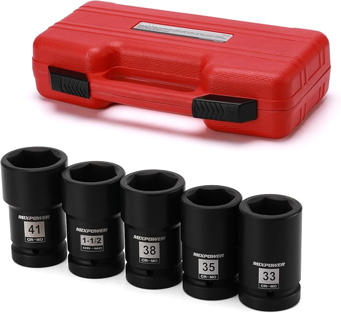 MIXPOWER 5PCS 1" Drive Truck Combination Budd Wheel Impact Socket Set, 33mm, 35mm x 17mm, 1-1/2" x 13/16", 38mm x 20mm, 41mm x 21mm
