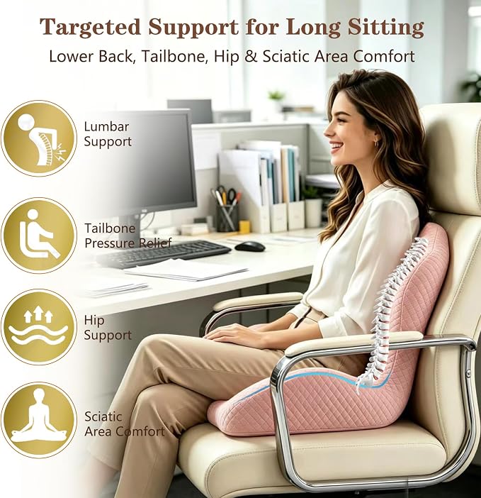 Ergonomic Memory Foam Seat Cushion with Back Support, L-Shaped Office Chair Cushion with Coccyx Cutout, Tailbone Support Cushion for Long Sitting, Car Seat Cushion for Driving, Home & Gaming Chair