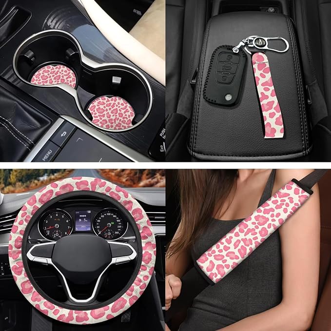 Pink Leopard Print Car Seat Covers Set of 11 Car Front Seat Cover Steering Wheel Cover Rear View Mirror Cover Cup Coasters Wristlet Keychain for Most Cars, SUVs