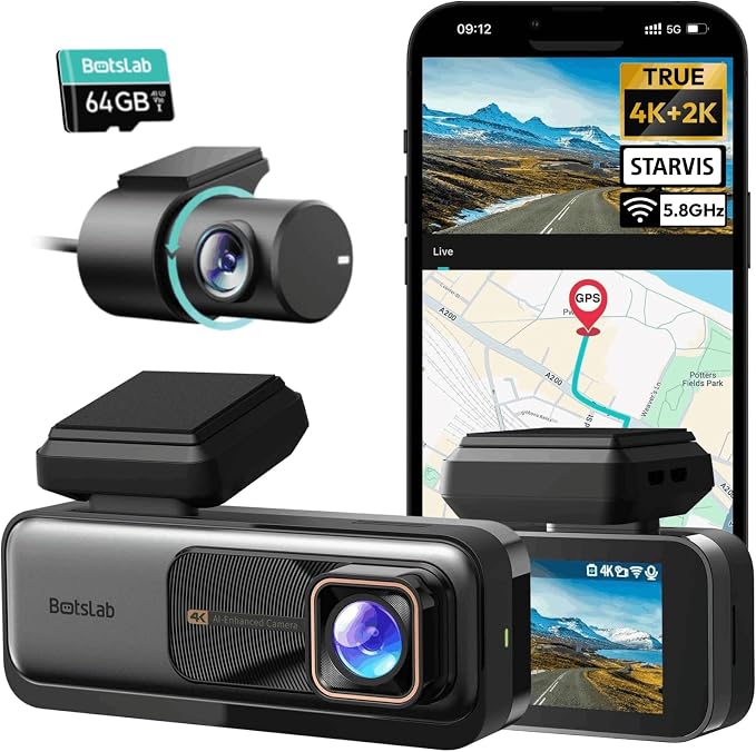 BOTSLAB 4K Dash Cam Front and Rear[2026 Upgraded], 64GB SD Card Included, STARVIS Sensor, 170° Ultra Wide 4K+2K Dashcam with ADAS, Night Vision, 24/7 Parking Mode, WDR, 5.8GHz WiFi, GPS,Loop Recording
