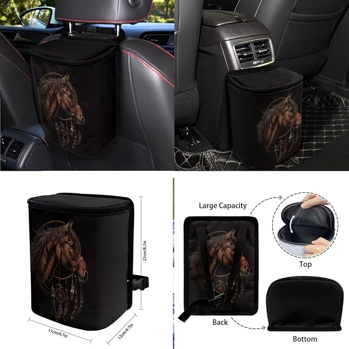 Horse Dreamcatcher Pattern Auto Seat Covers Full Set 10pcs Car Accessories Front and Back Seat Covers Car Trash Can Steering Wheel Cover Air Ven Storage Bag Keychain Cup Coasters