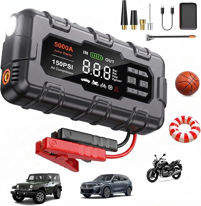 THEKUKU Jump Starter with Air Compressor, 5000A Car Battery Jumper Starter Portable, 12V Jump Box with Display,PD 45W,LED Light, Jumper Cables, and Storage Case