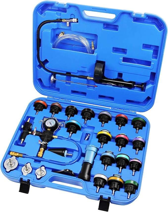 JIFETOR Radiator Pressure Leakage Tester Vacuum Cooling System Purge Coolant Refill Tool Kit 28PCS Universal Automotive Water Tank Leak Test Detector Pneumatic Vacuum Coolant Change Set