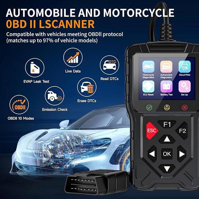 M60 2-in-1 OBD2 Scanner for Car & Motorcycle, Enhanced Live Data & Engine Fault Code Reader, Diagnostic Scan Tool for Error Check and Clear,Used for Almost OBDII Protocol Vehicles (Black)
